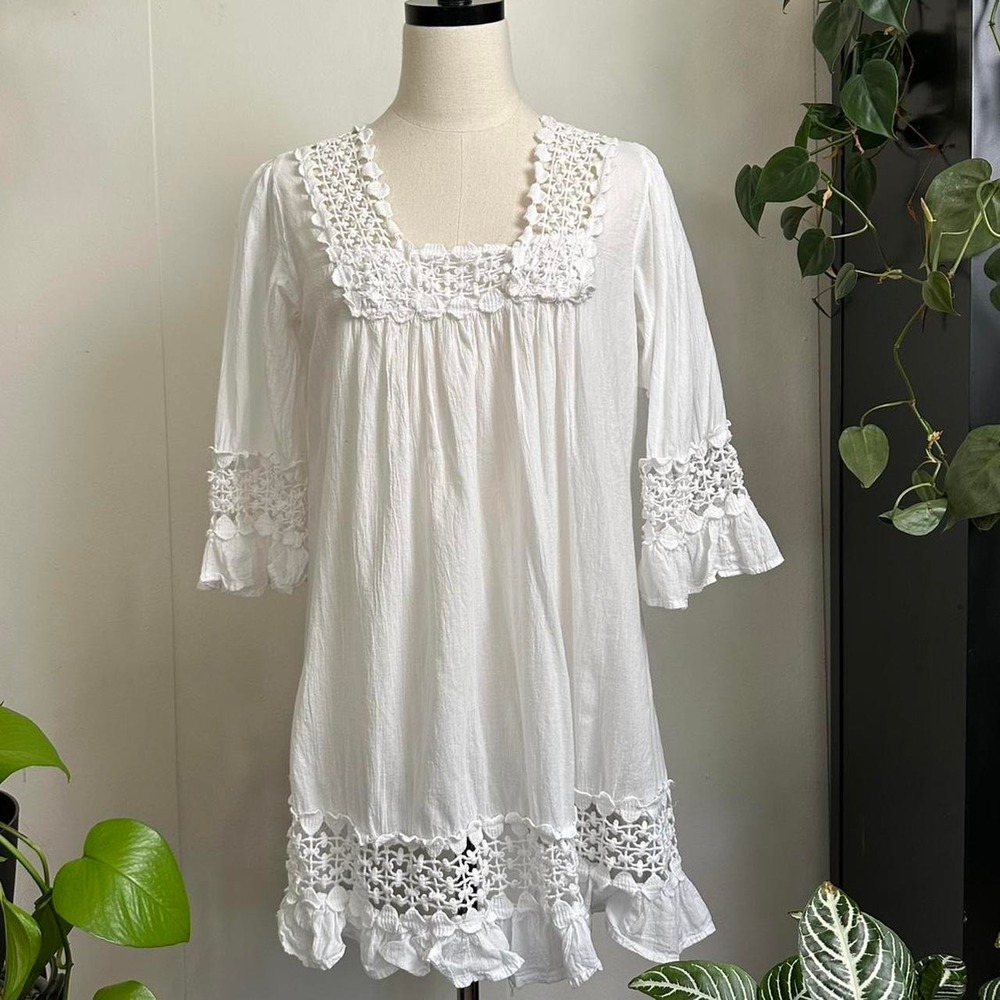 Cute Options White Cotton Lace Babydoll Mini Dress V-Neck 3/4 Sleeve Medium